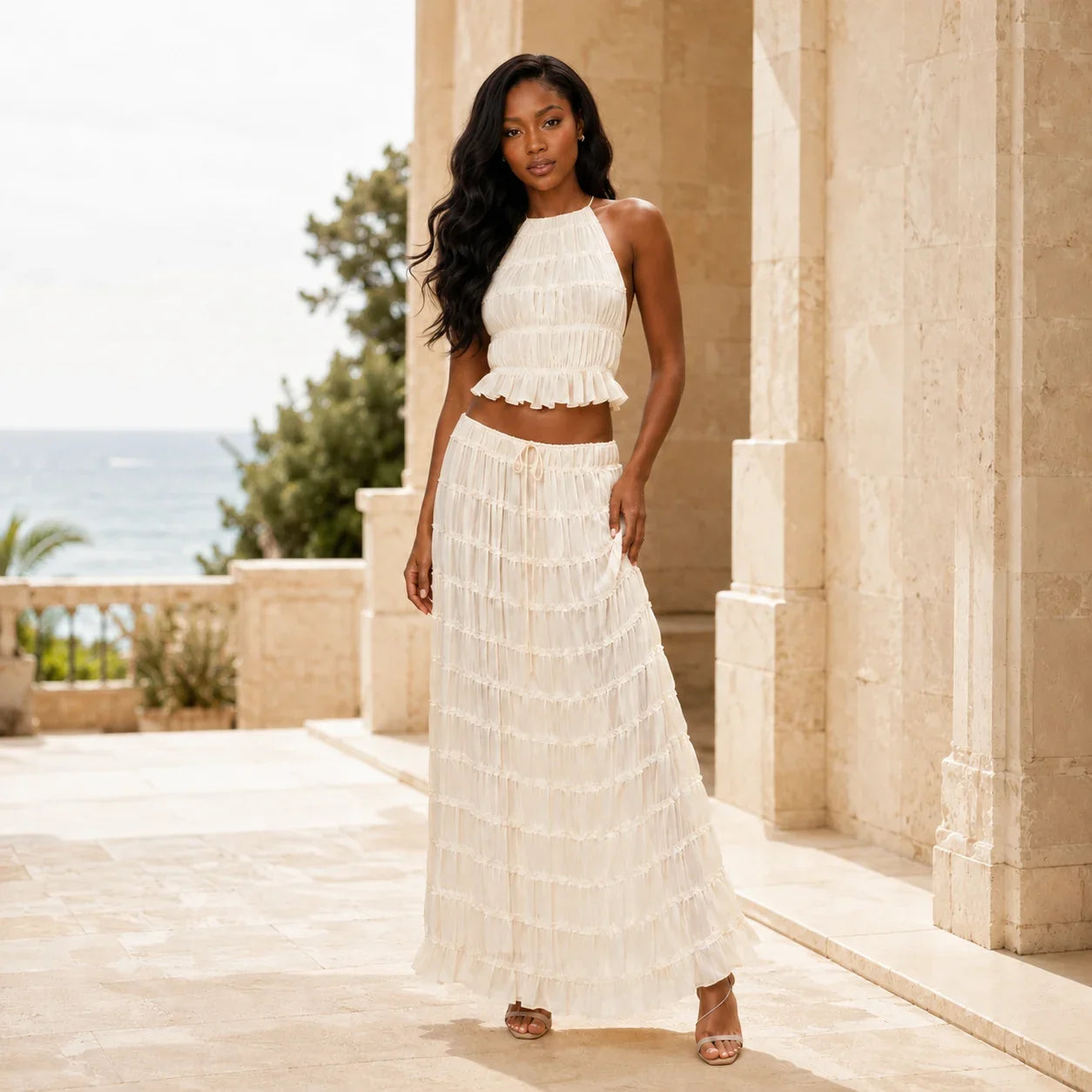 Ruffle Halter Wide Leg Set