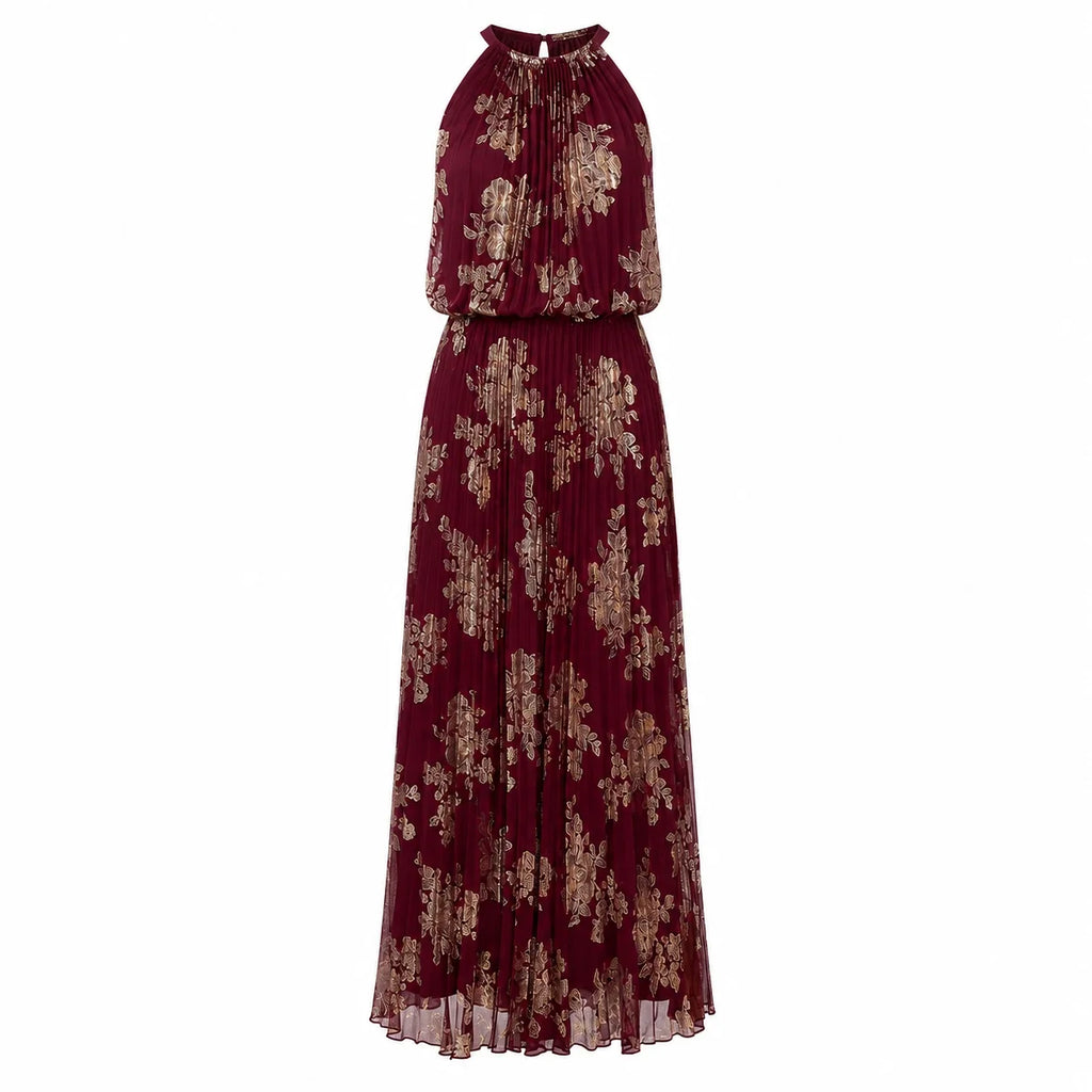 Burgundy Floral Halter Maxi Dress WHD0606003