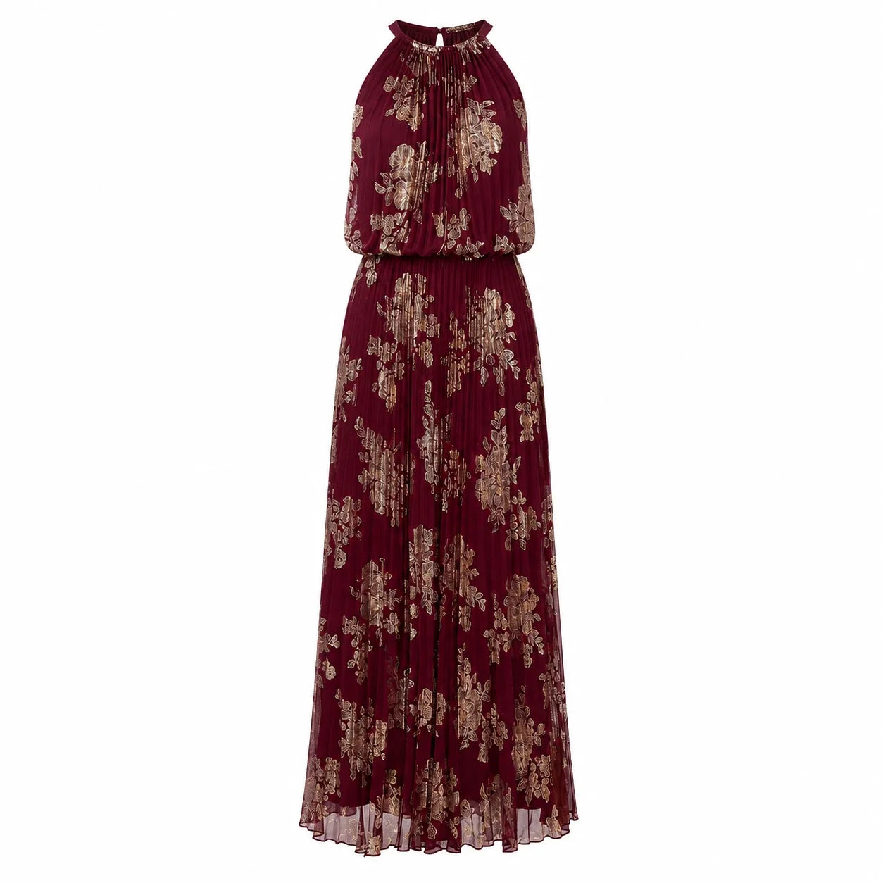 Burgundy Floral Halter Maxi Dress WHD0606003