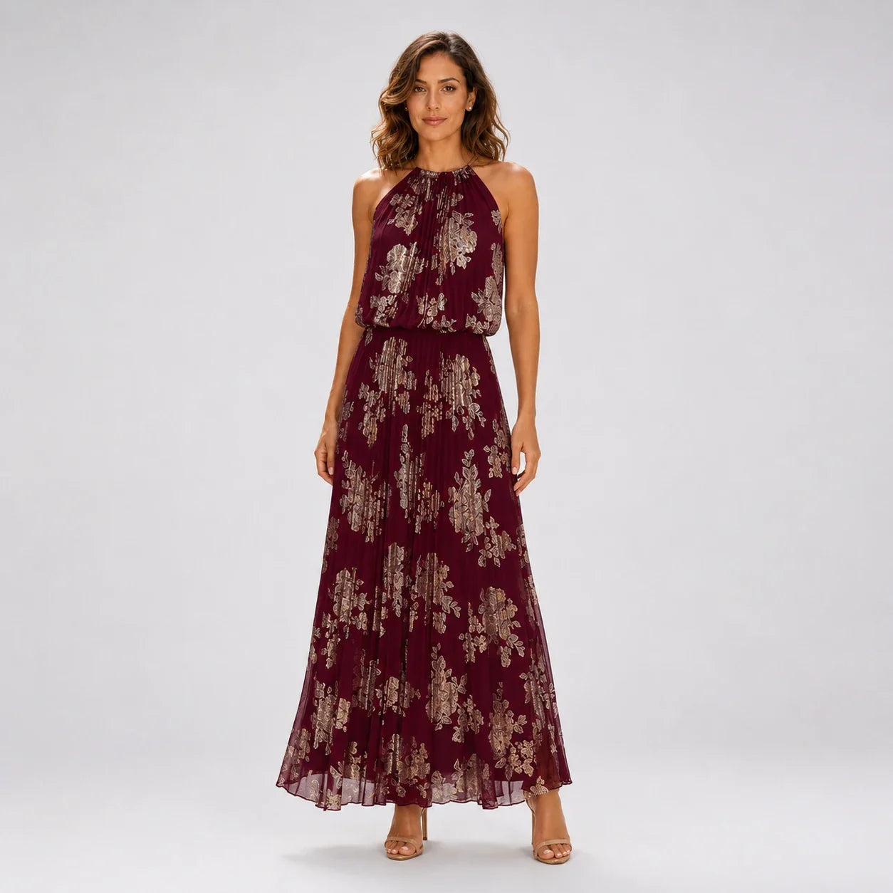 Burgundy Floral Halter Maxi Dress WHD0606003