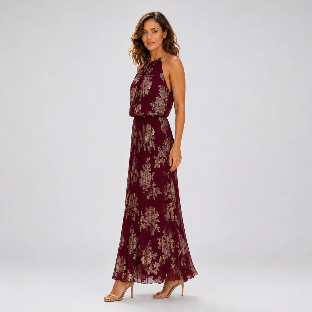 Burgundy Floral Halter Maxi Dress WHD0606003