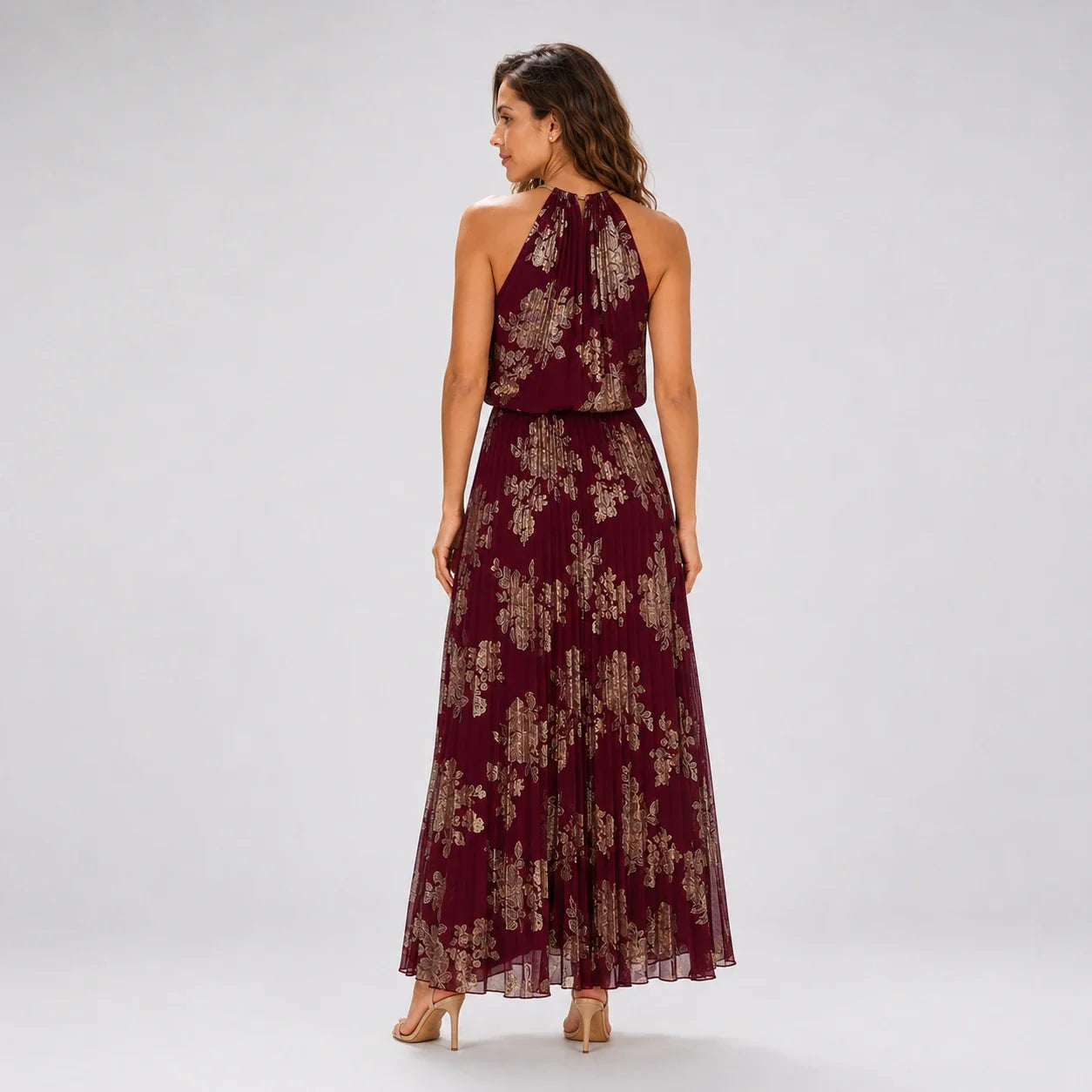 Burgundy Floral Halter Maxi Dress WHD0606003