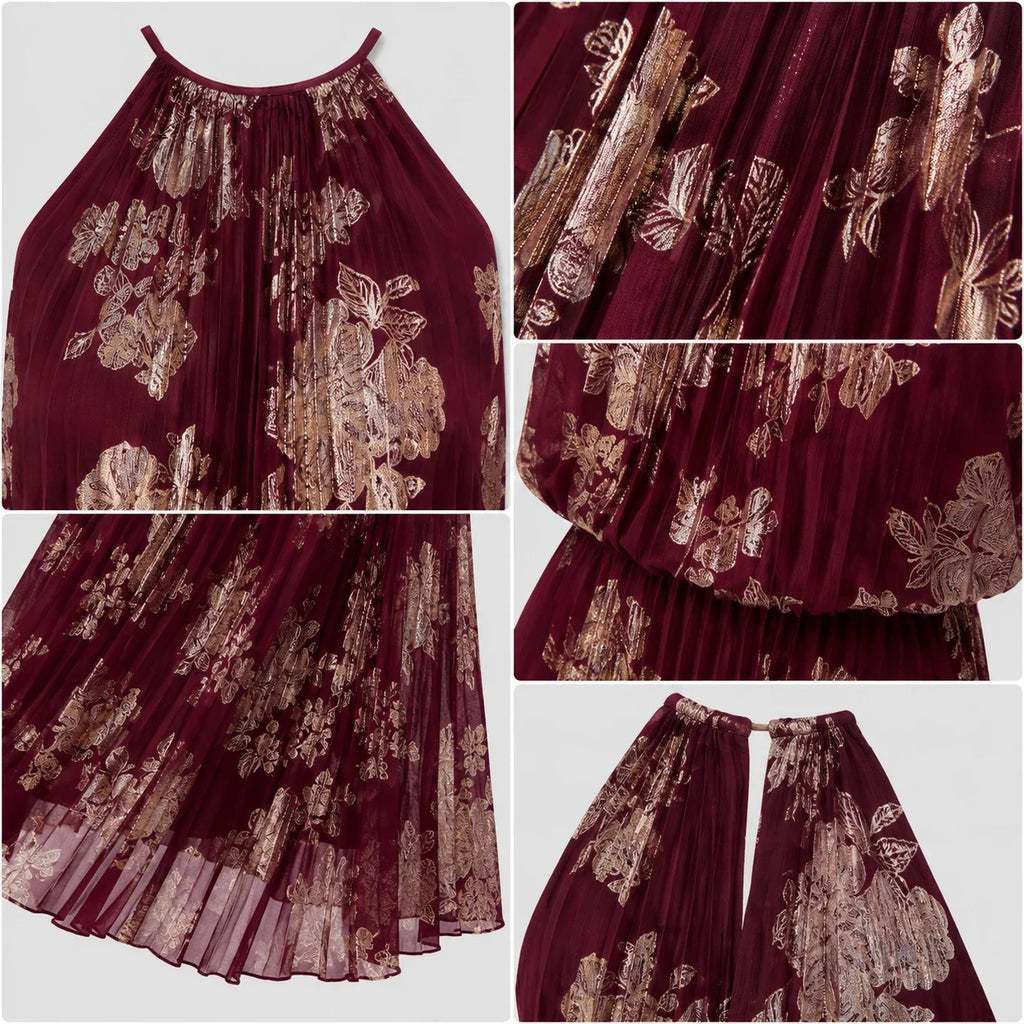 Burgundy Floral Halter Maxi Dress WHD0606003