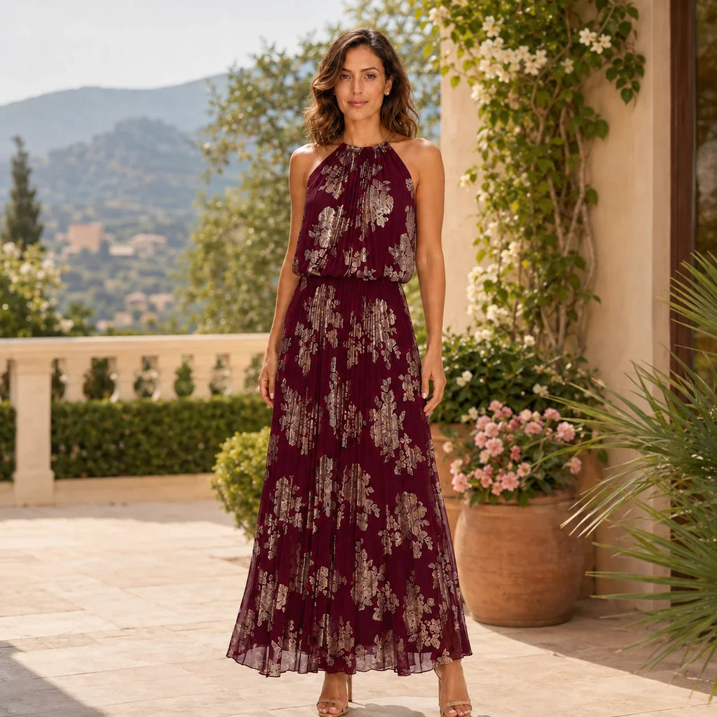 Burgundy Floral Halter Maxi Dress WHD0606003