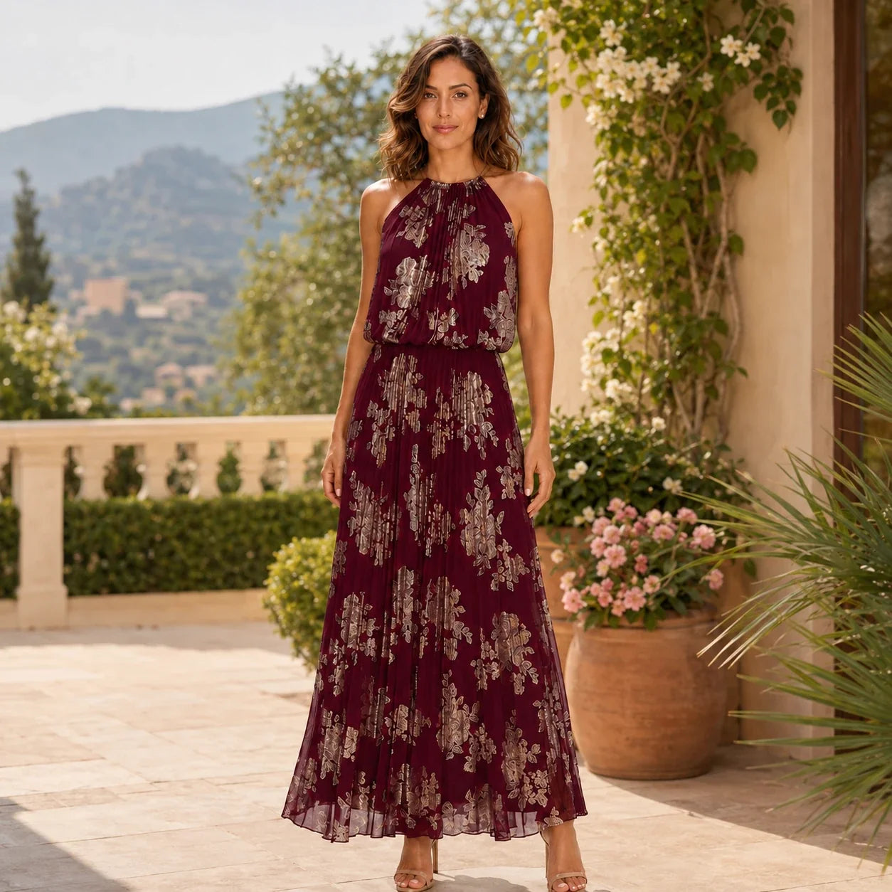 Burgundy Floral Halter Maxi Dress WHD0606003
