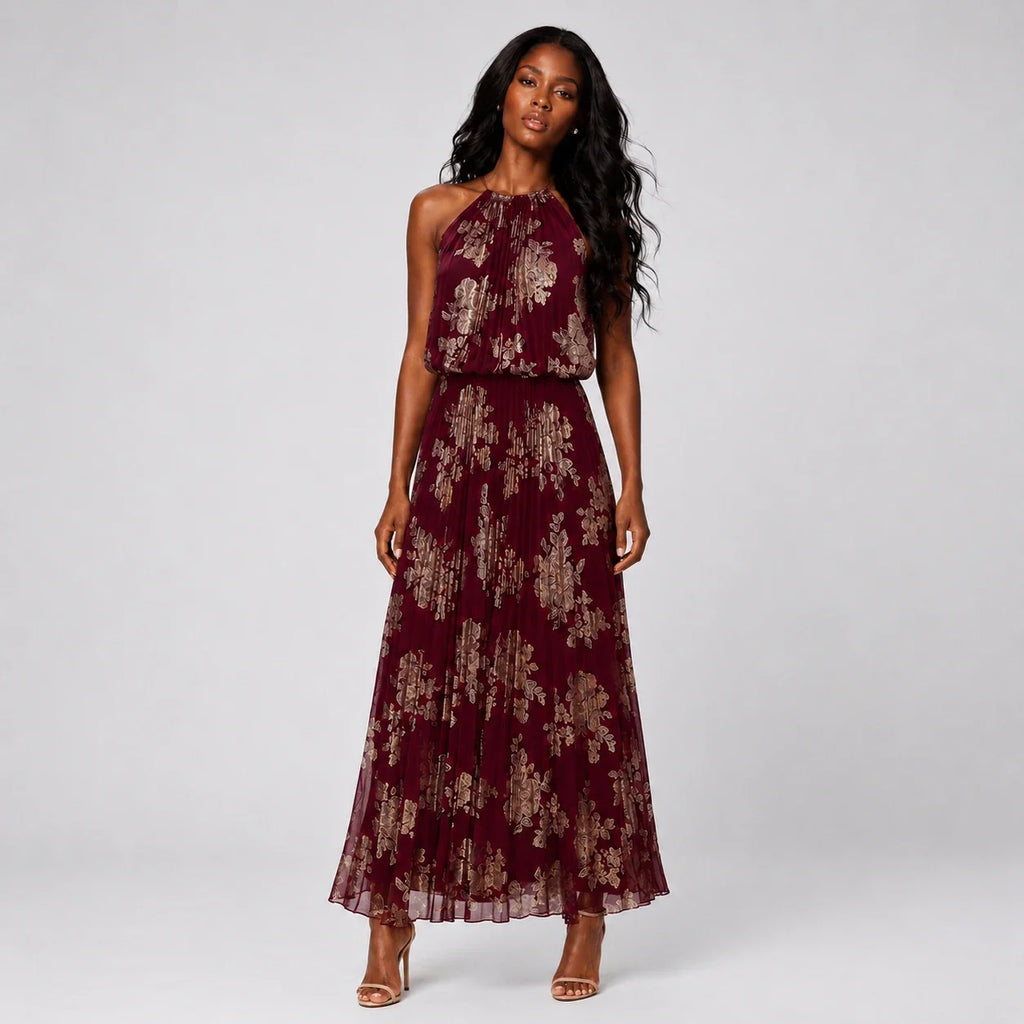 Burgundy Floral Halter Maxi Dress WHD0606003