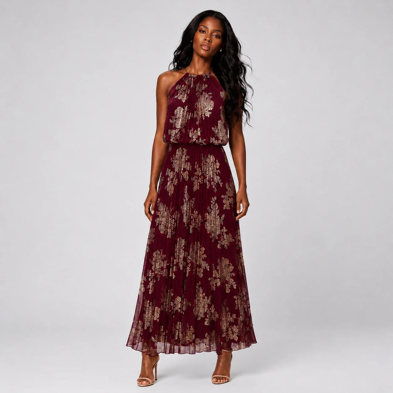 Burgundy Floral Halter Maxi Dress WHD0606003