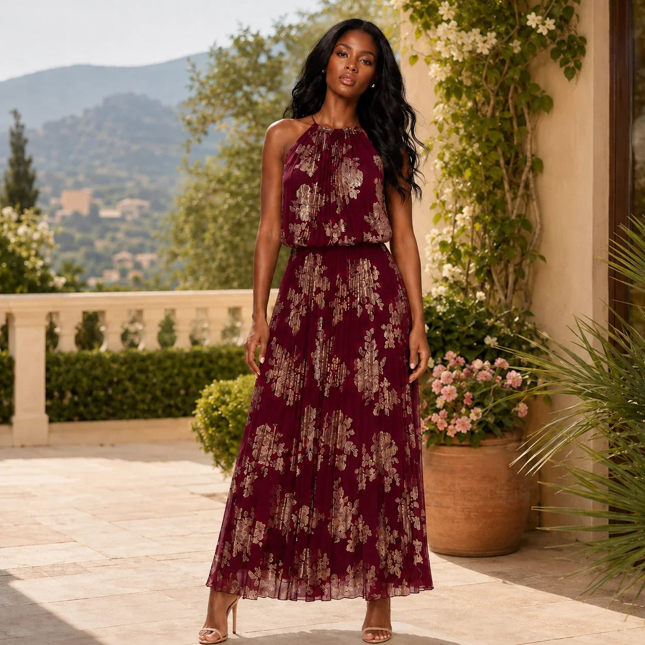 Burgundy Floral Halter Maxi Dress WHD0606003