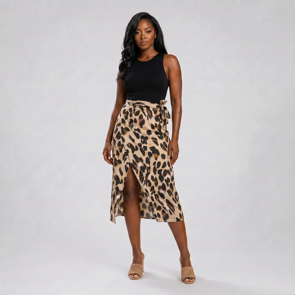 Leopard Tie-Waist Midi Skirt WHD0606005