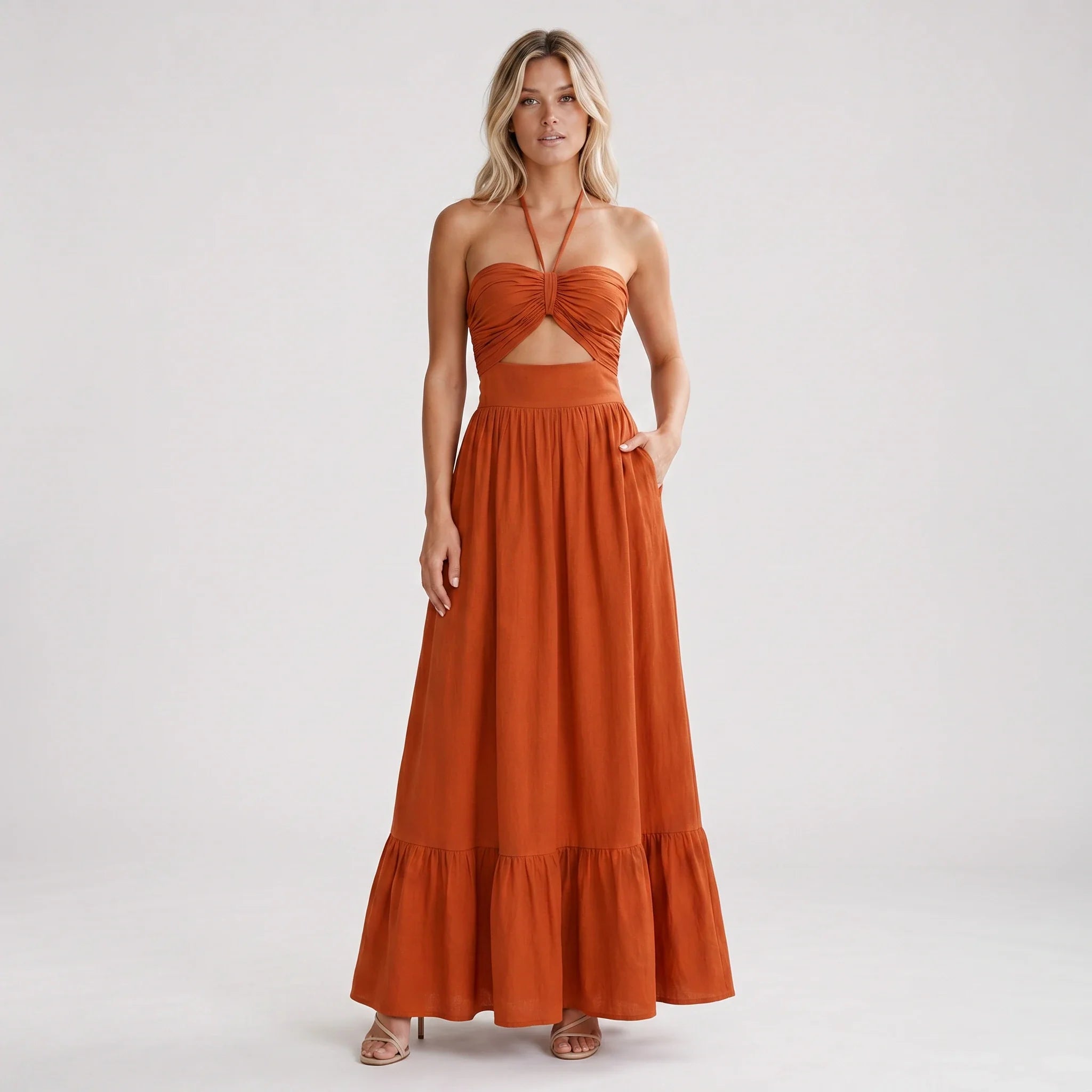 Ruched Halter Maxi Dress WHD0606011
