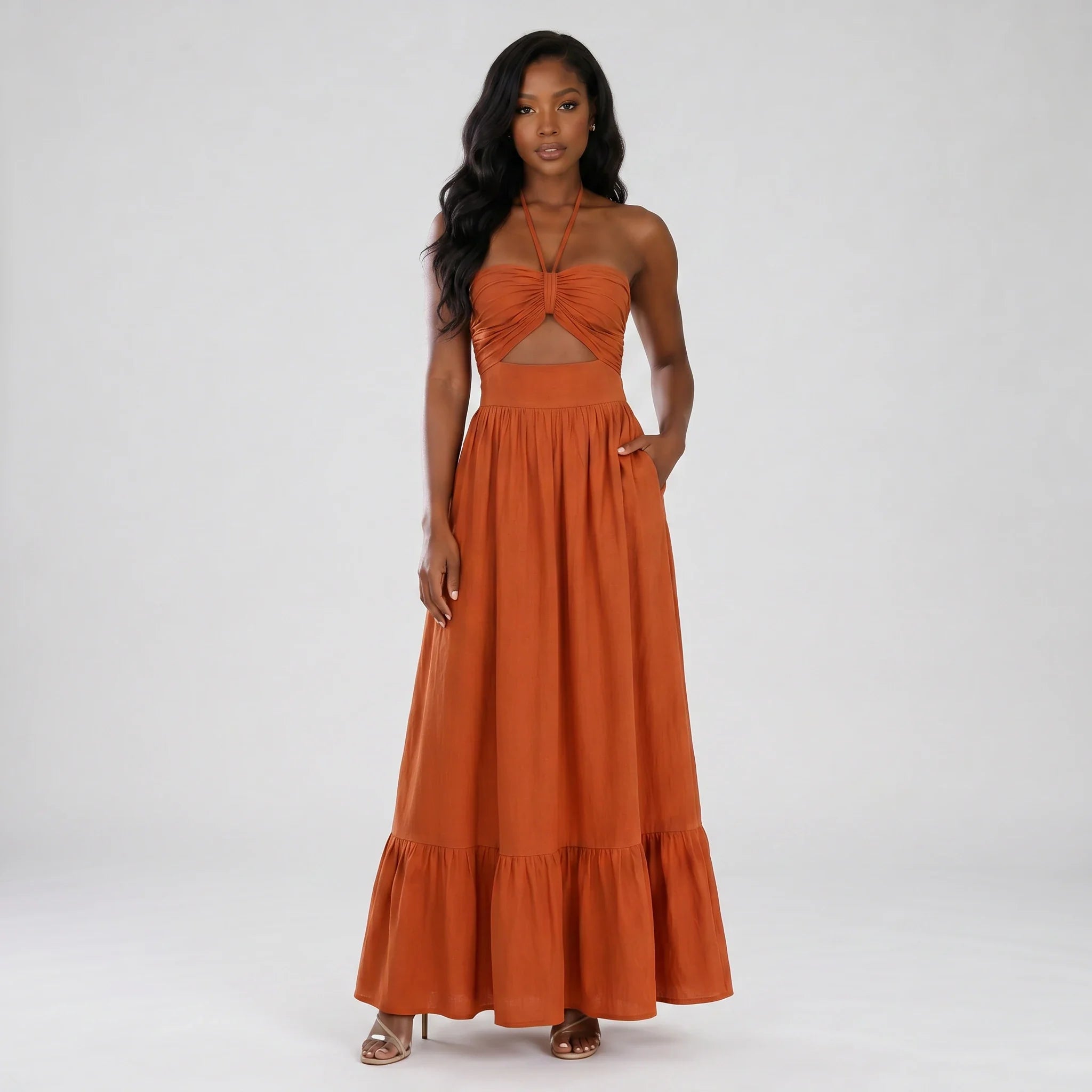 Ruched Halter Maxi Dress WHD0606011