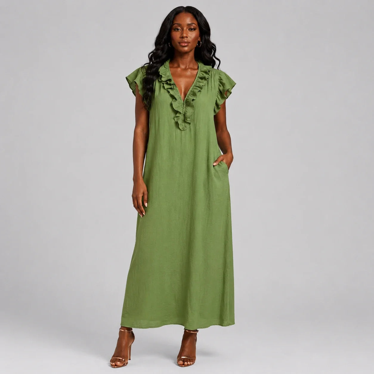 Ruffle V-Neck Maxi Dress WHD0606018