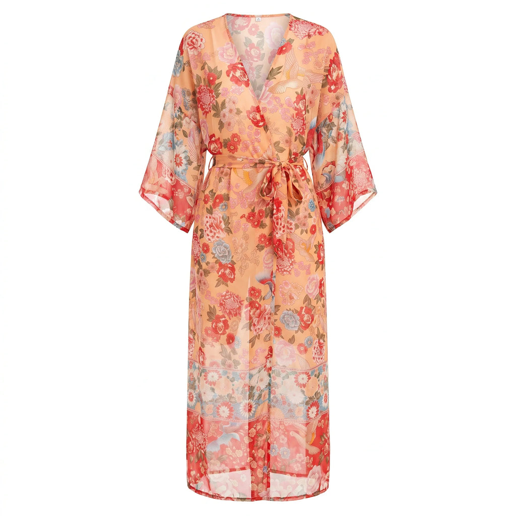 Floral Tie Waist Kimono Cover-Up WHD0606033
