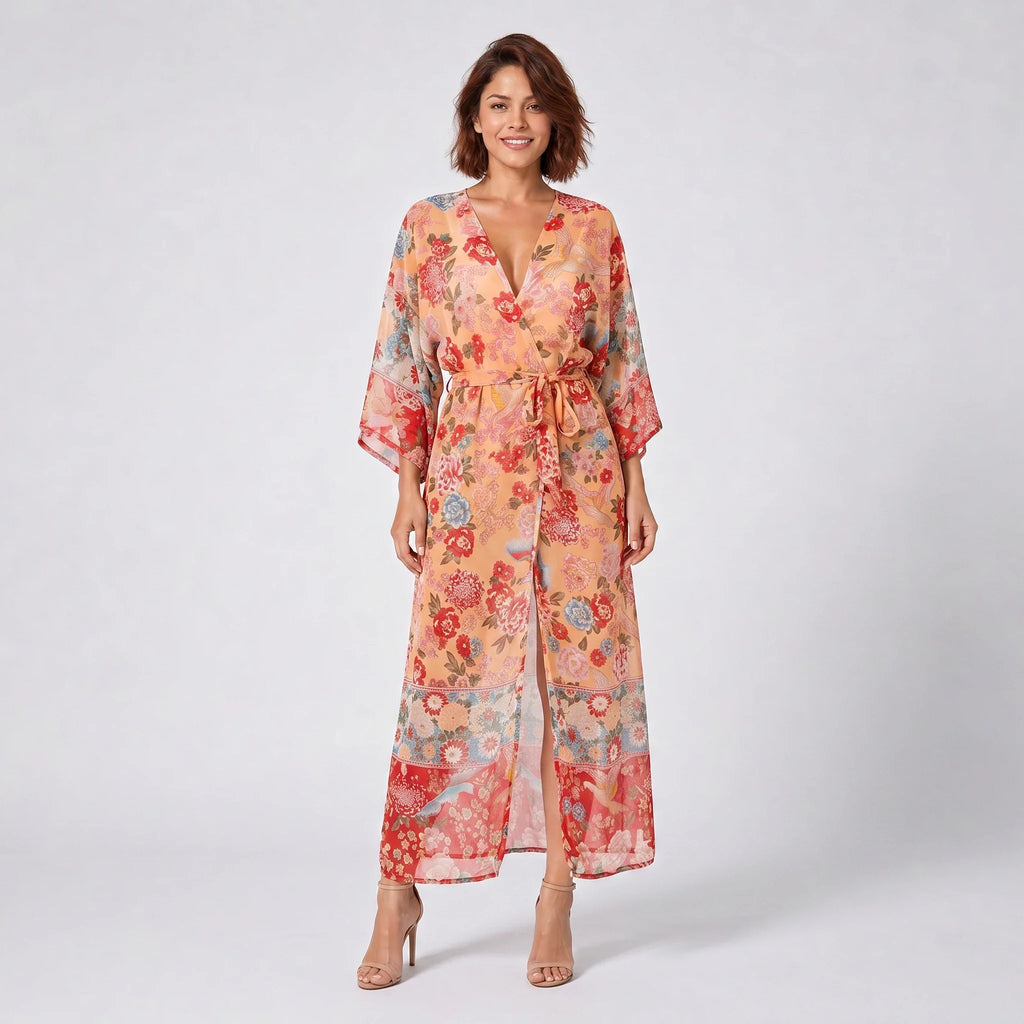 Floral Tie Waist Kimono Cover-Up WHD0606033