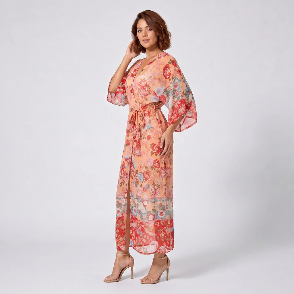 Floral Tie Waist Kimono Cover-Up WHD0606033