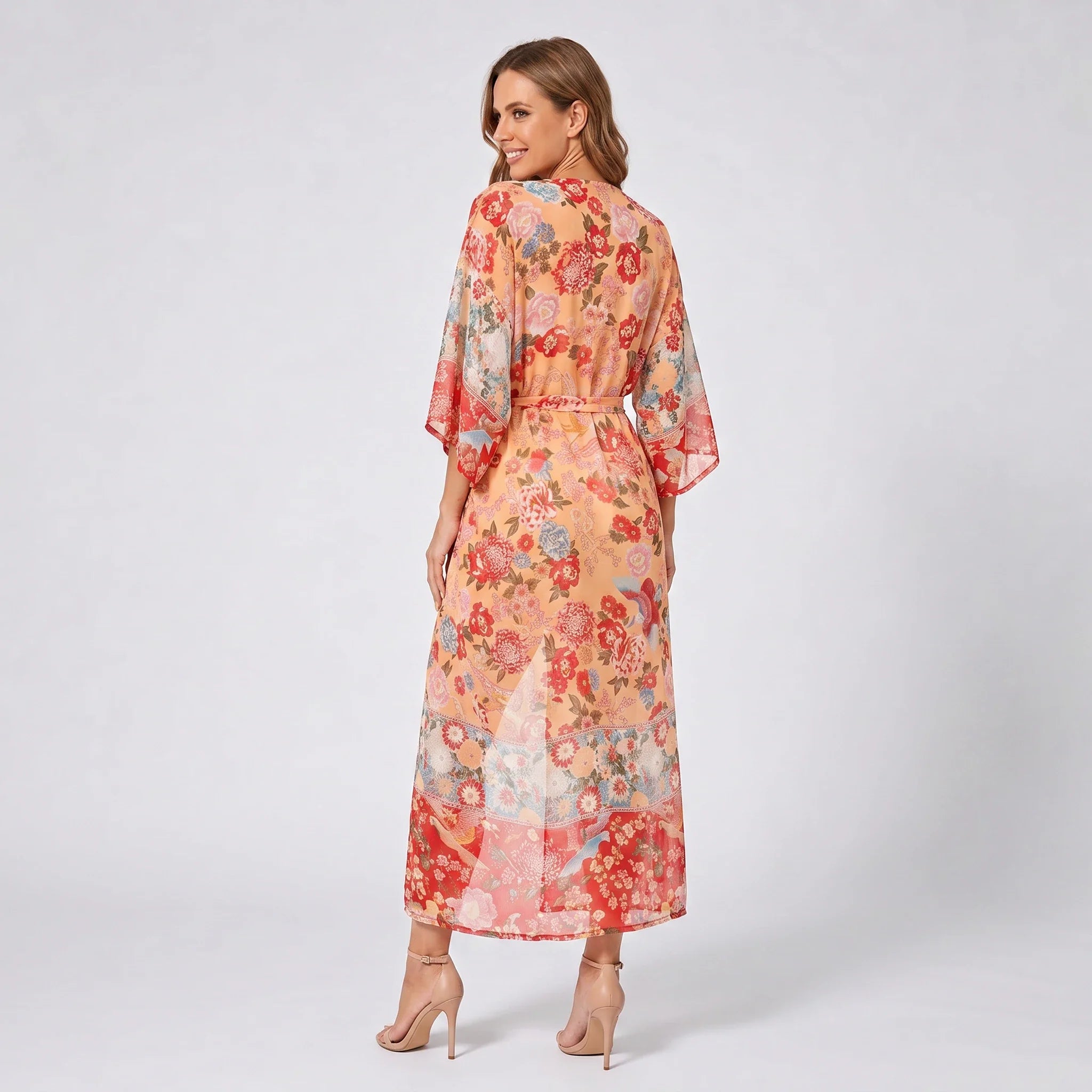 Floral Tie Waist Kimono Cover-Up WHD0606033