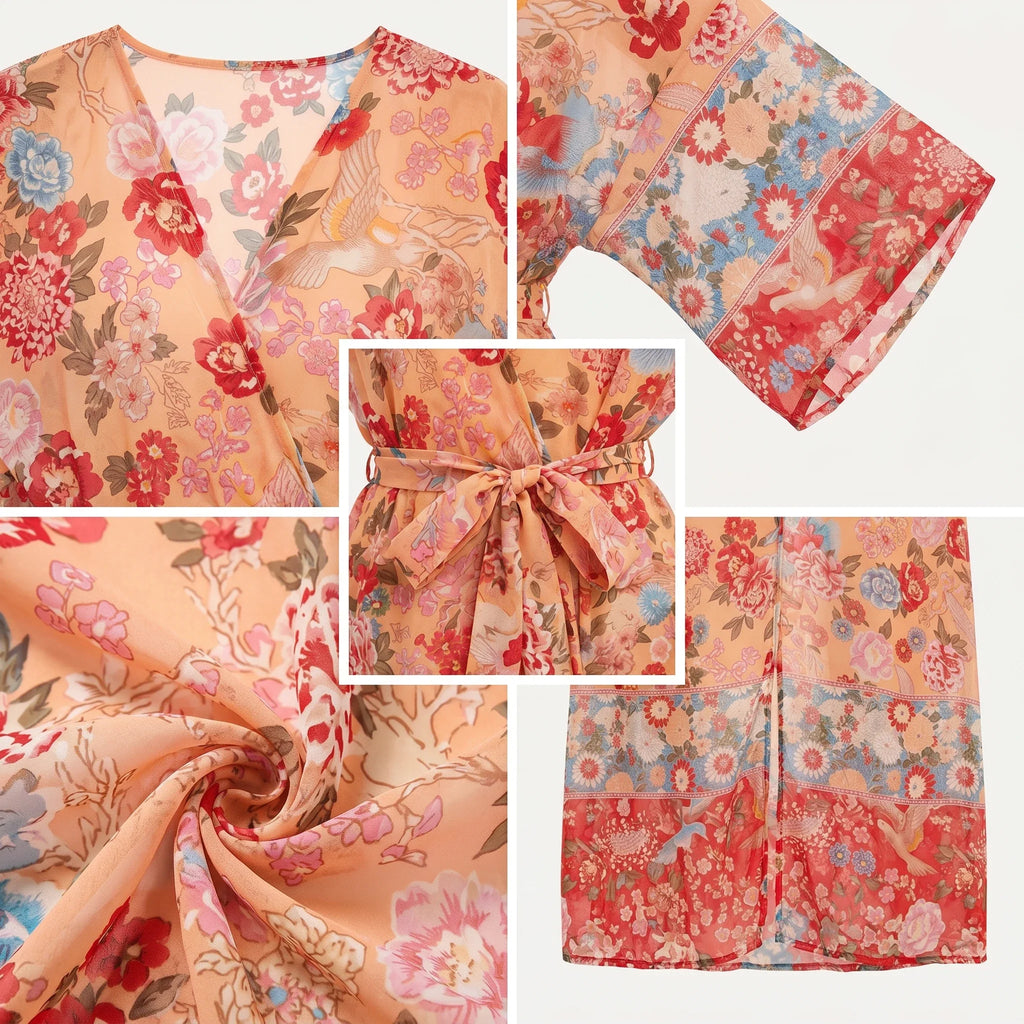 Floral Tie Waist Kimono Cover-Up WHD0606033