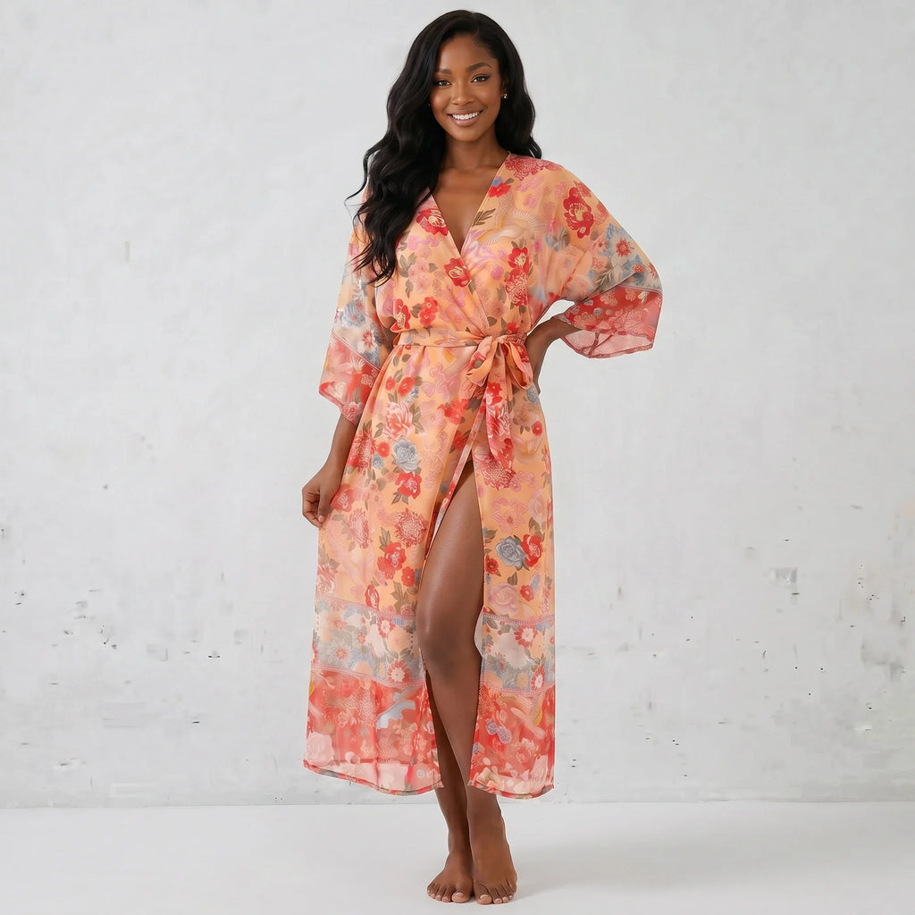 Floral Tie Waist Kimono Cover-Up WHD0606033