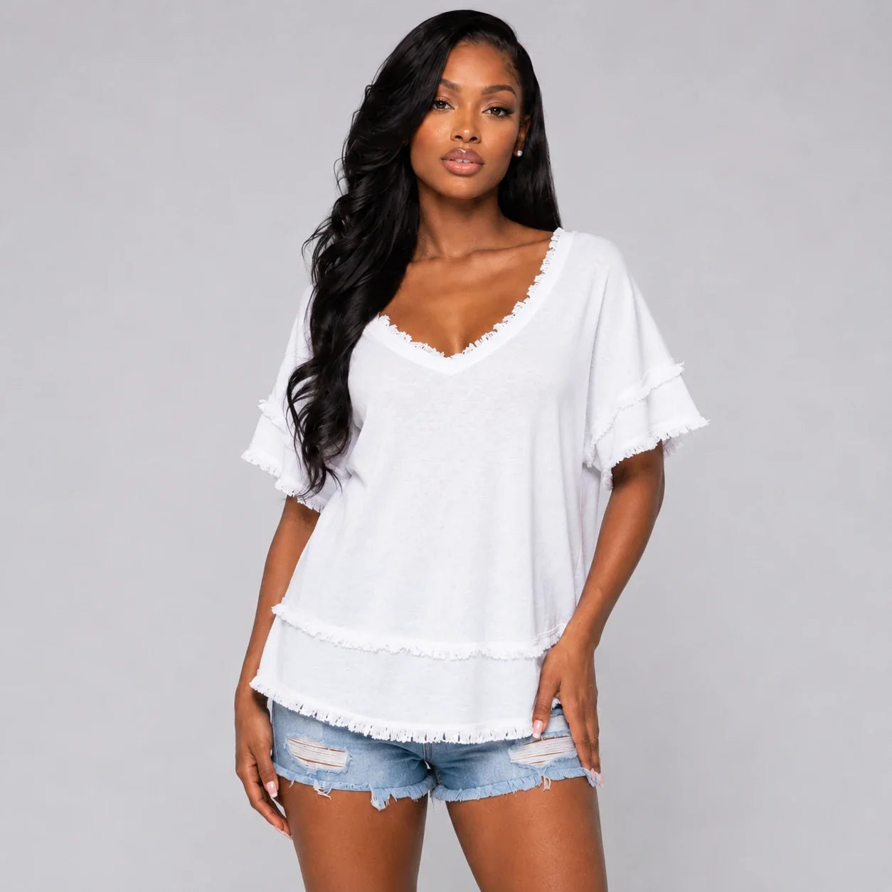 Frayed V-Neck Layered Top WHD0606035