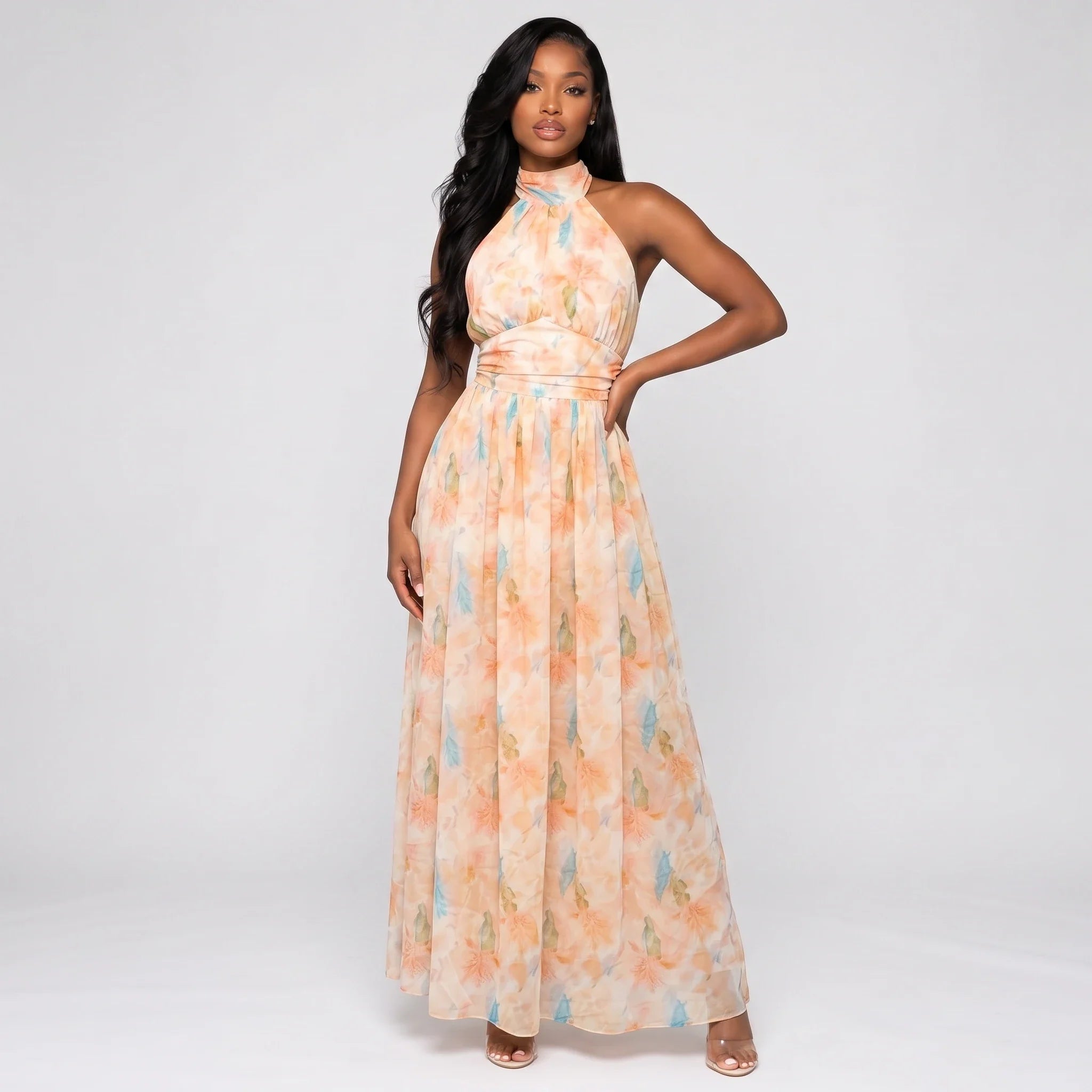 Floral Halter Tie Maxi Dress WHD0606038