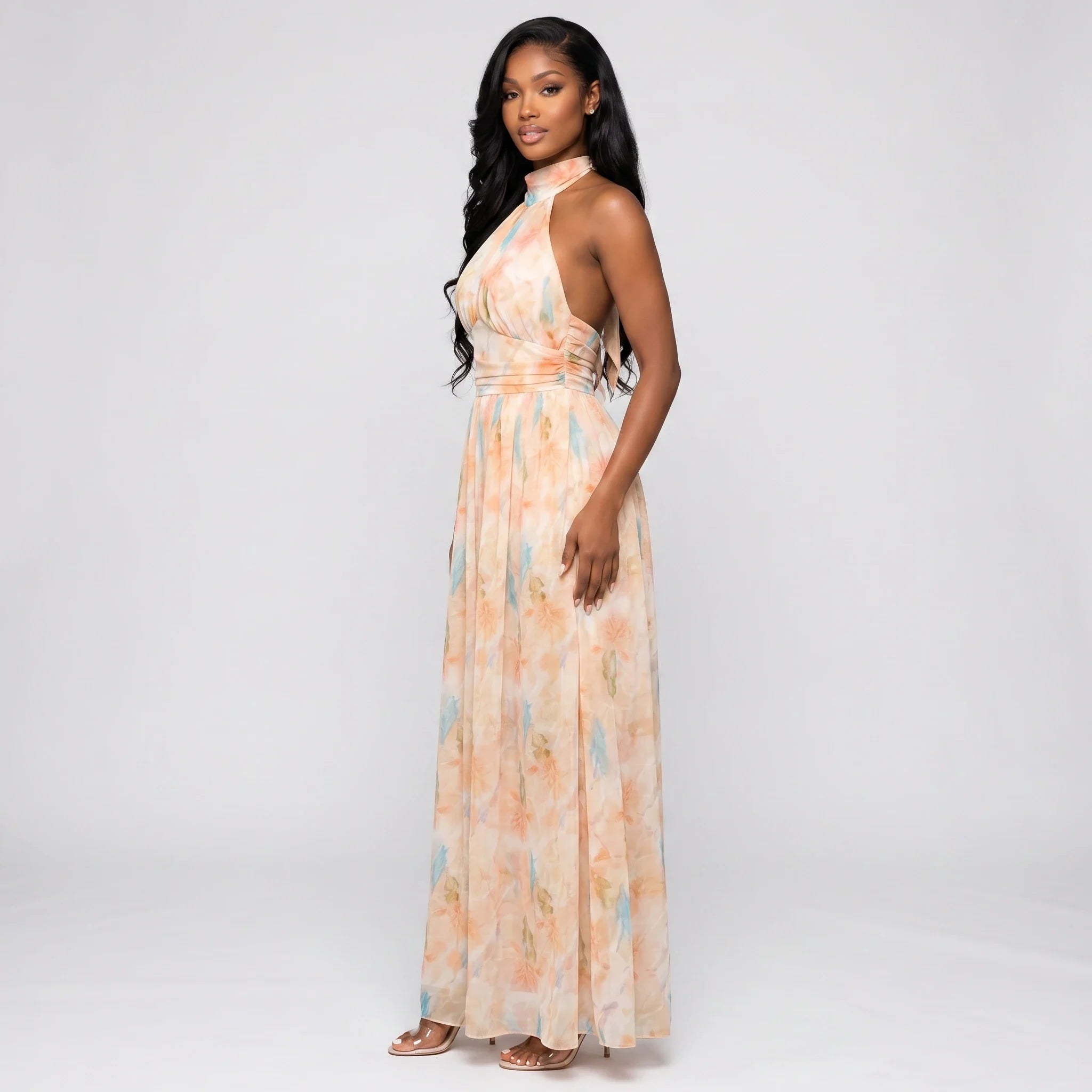 Floral Halter Tie Maxi Dress WHD0606038