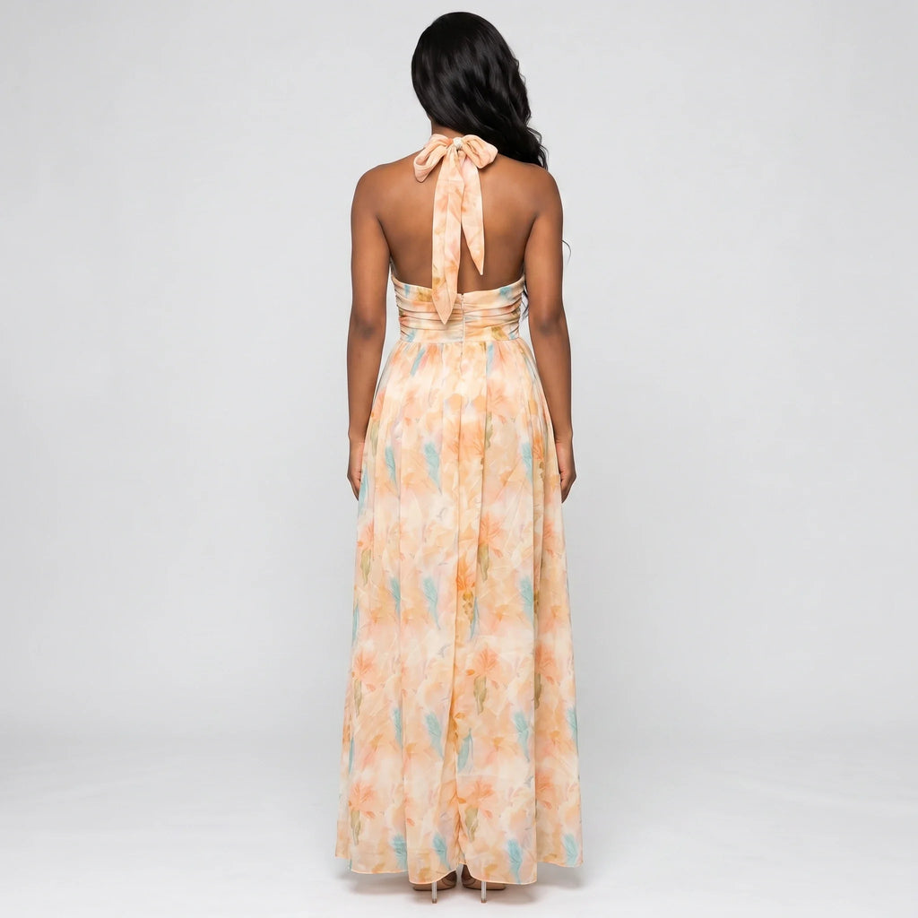 Floral Halter Tie Maxi Dress WHD0606038