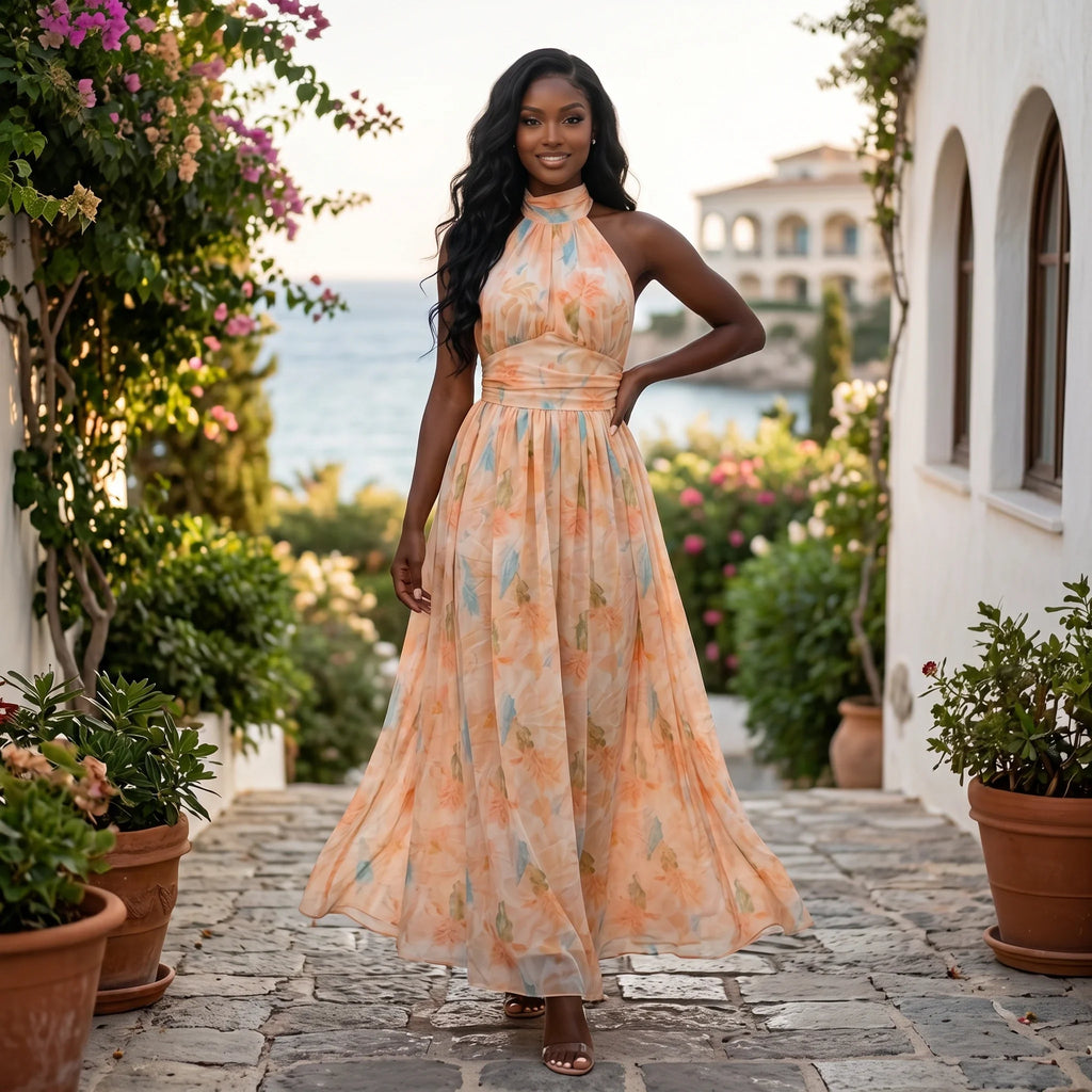 Floral Halter Tie Maxi Dress WHD0606038
