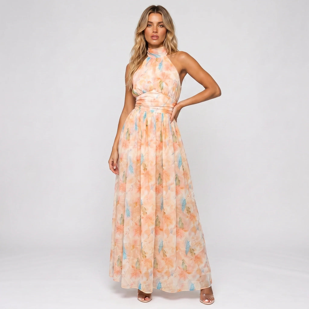 Floral Halter Tie Maxi Dress WHD0606038
