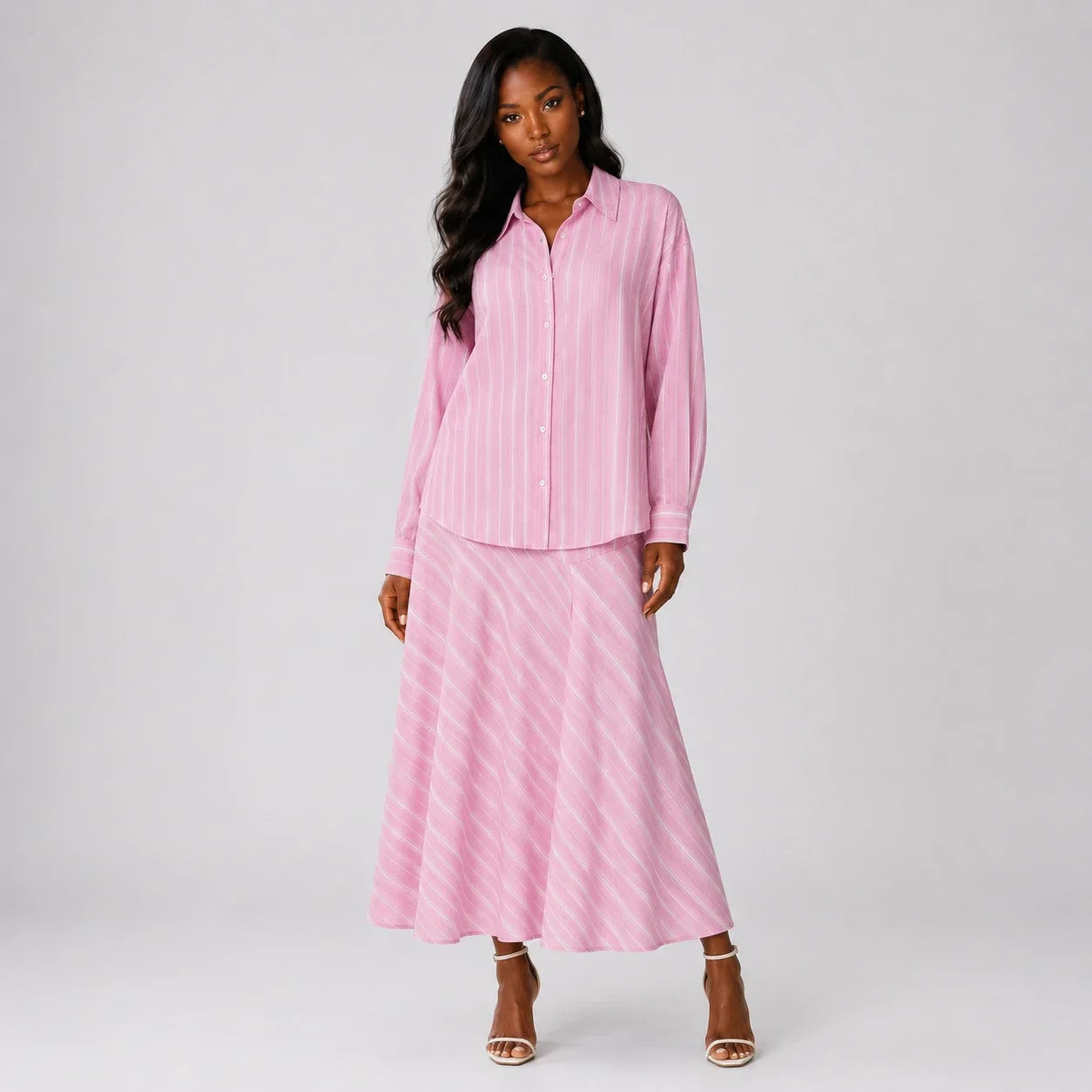 Pink Stripe Shirt Skirt Set WHD0606045