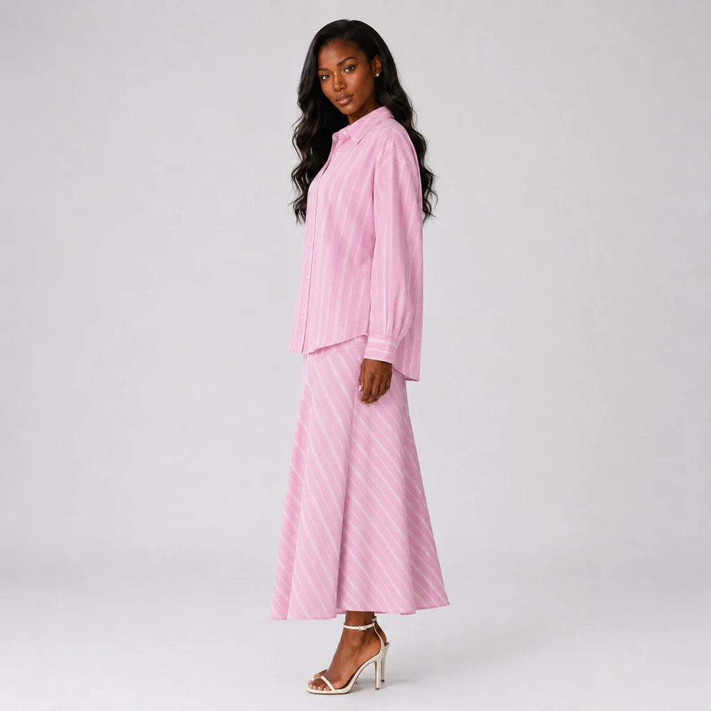 Pink Stripe Shirt Skirt Set WHD0606045