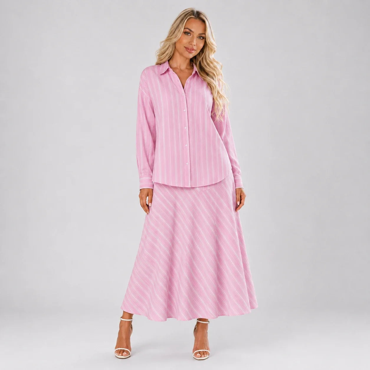 Pink Stripe Shirt Skirt Set WHD0606045
