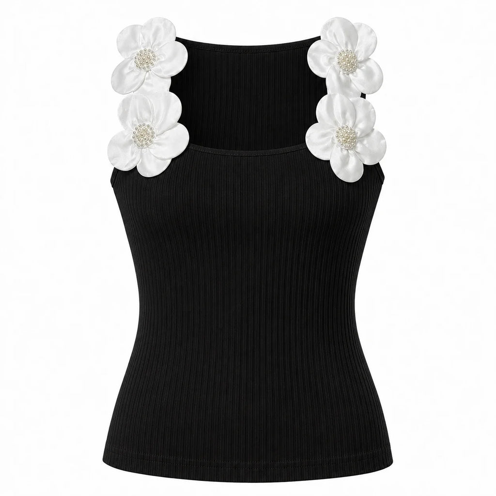 Pearl Flower Ribbed Tank Top WHD0606046