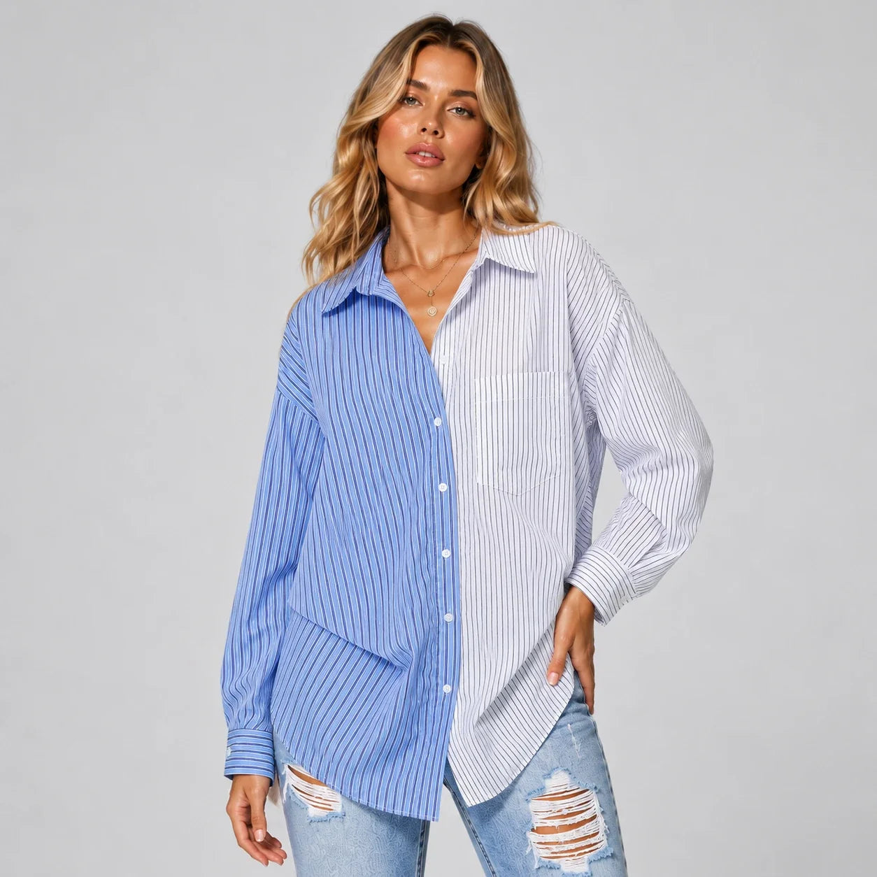 Colorblock Stripe Button Shirt WHD0606047