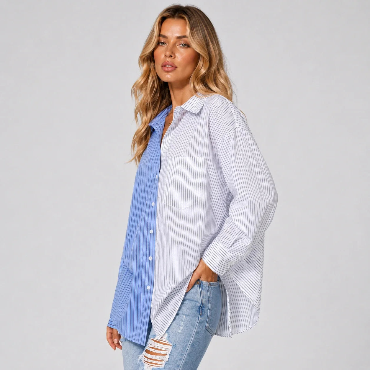 Colorblock Stripe Button Shirt WHD0606047
