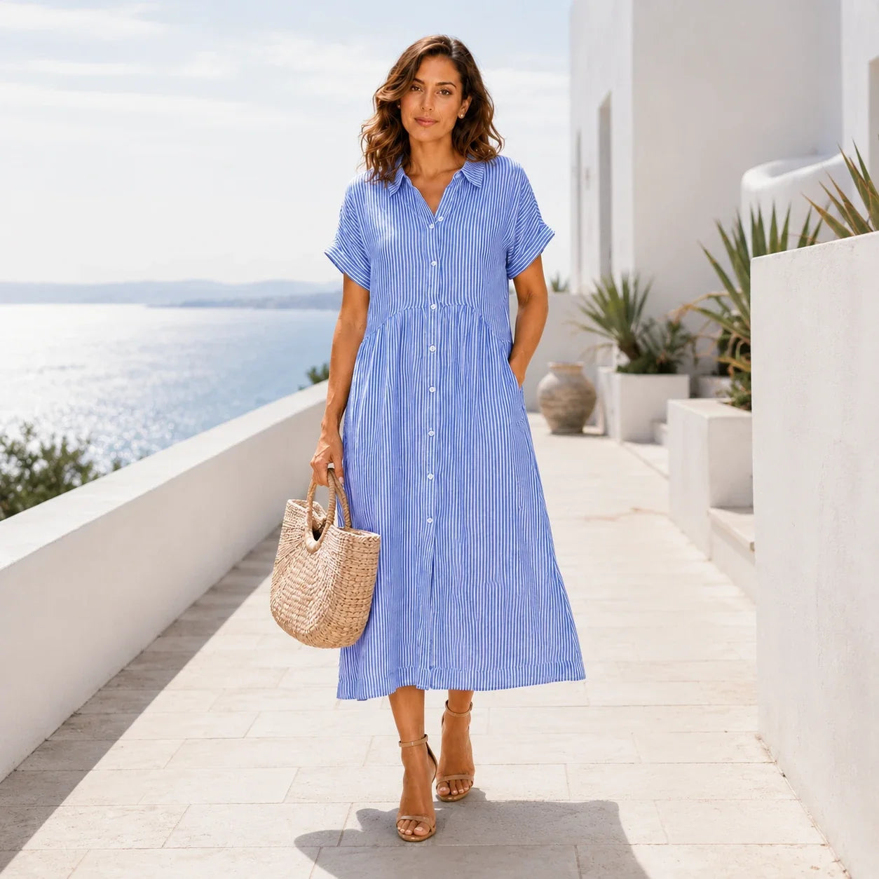 Striped Button Shirt Dress WHD0606069