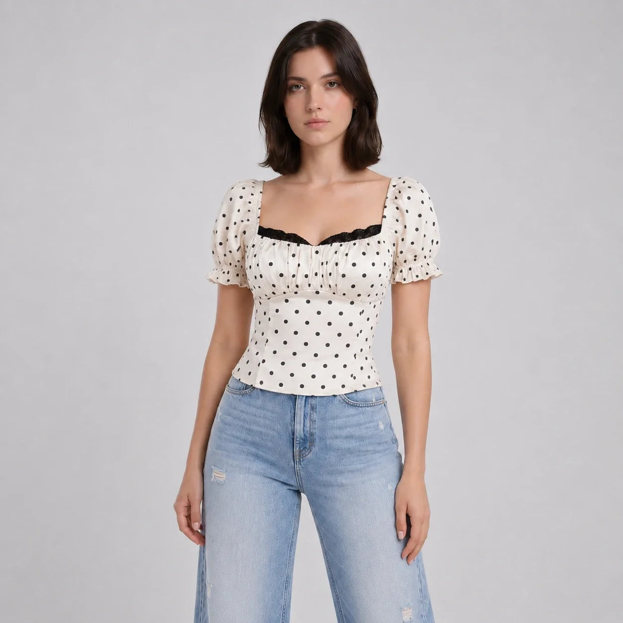 Polka Dot Puff Sleeve Top WHD0606105