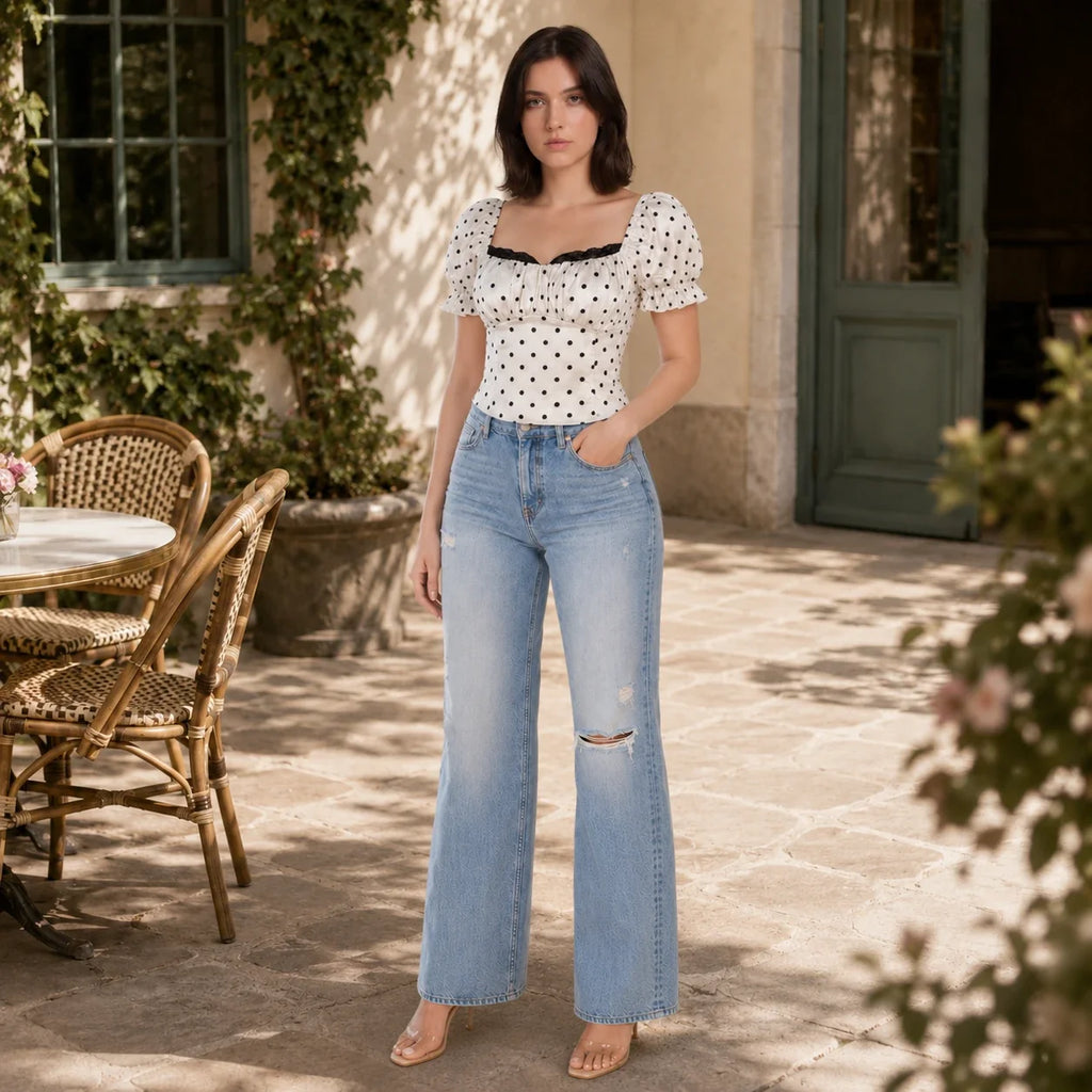 Polka Dot Puff Sleeve Top WHD0606105