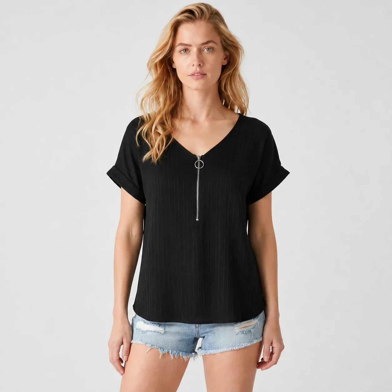 Zip Front V-Neck Top WHD0606111