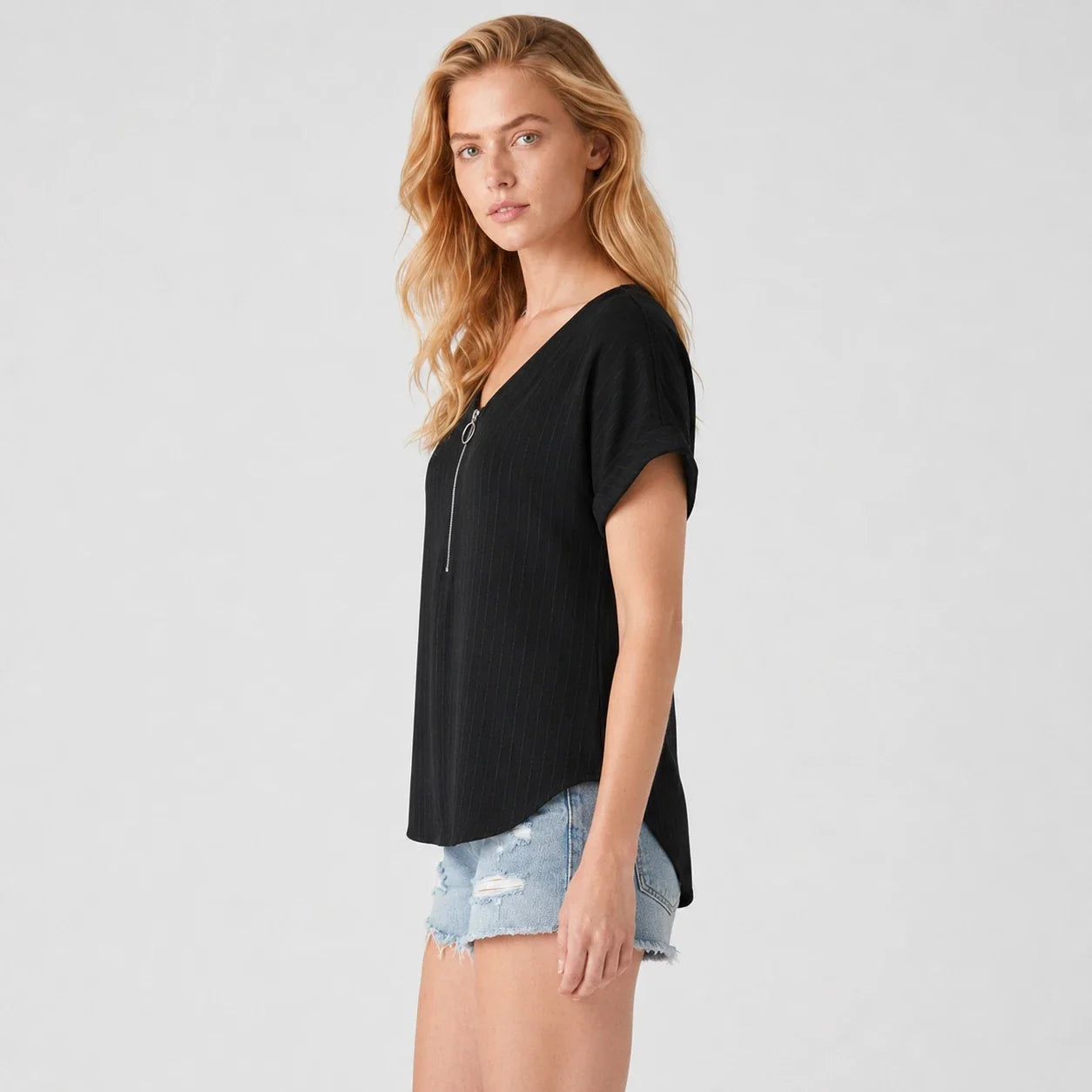 Zip Front V-Neck Top WHD0606111