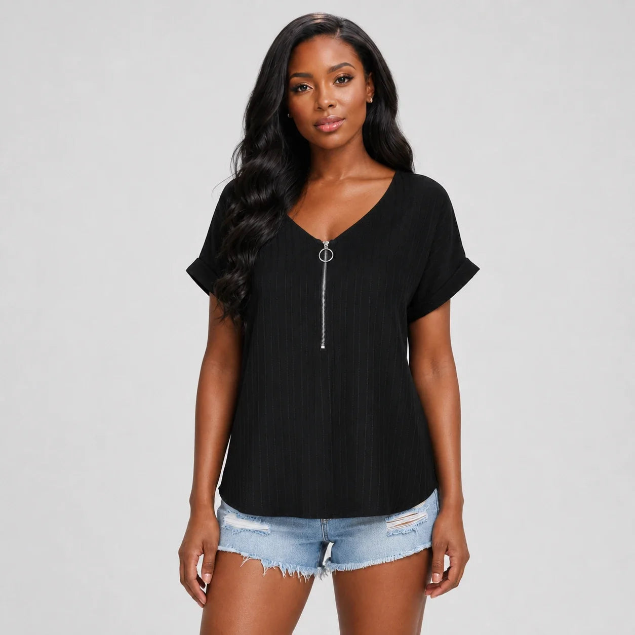 Zip Front V-Neck Top WHD0606111