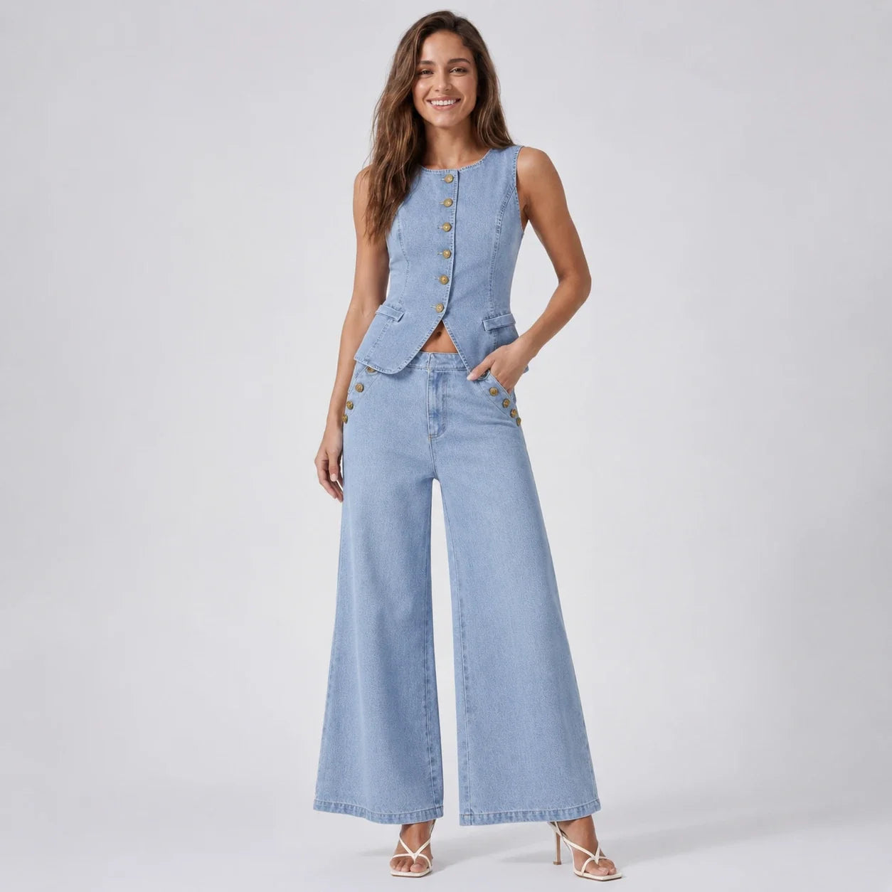 Sleeveless Denim Wide Leg Set WHD0606135