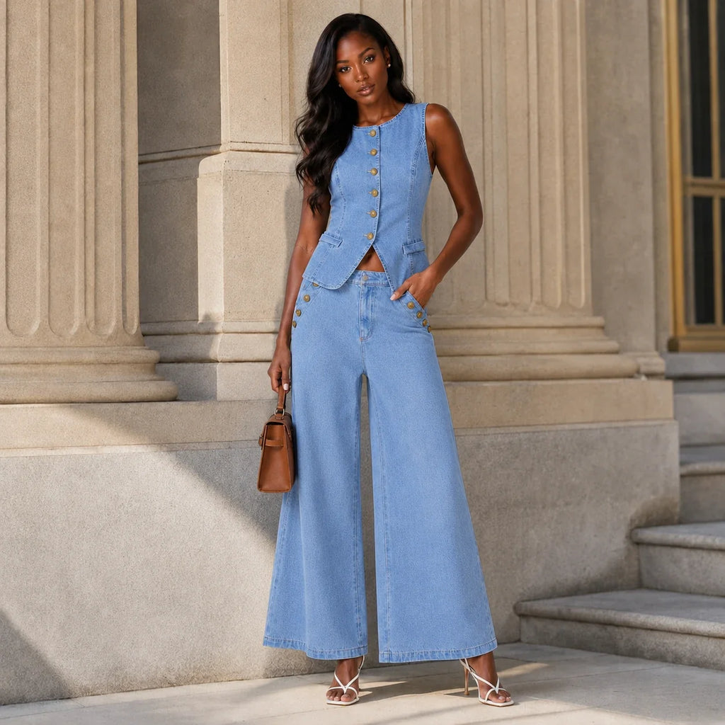 Sleeveless Denim Wide Leg Set WHD0606135