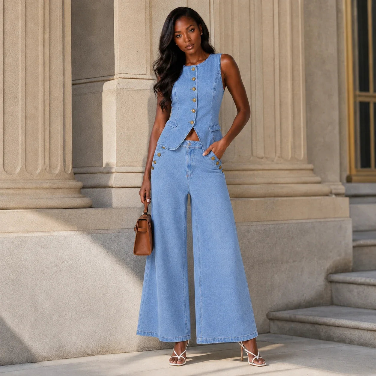 Sleeveless Denim Wide Leg Set WHD0606135