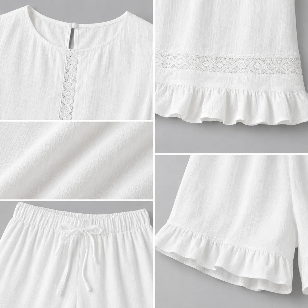 White Ruffle Shorts Set WHD0606139