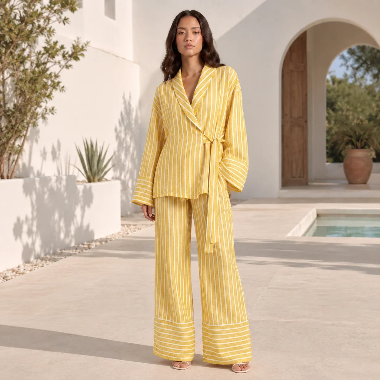 Striped Tie Waist Set WHD0606140