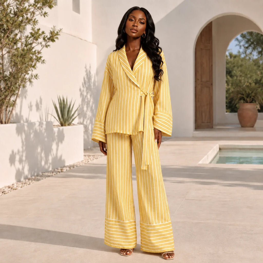 Striped Tie Waist Set WHD0606140