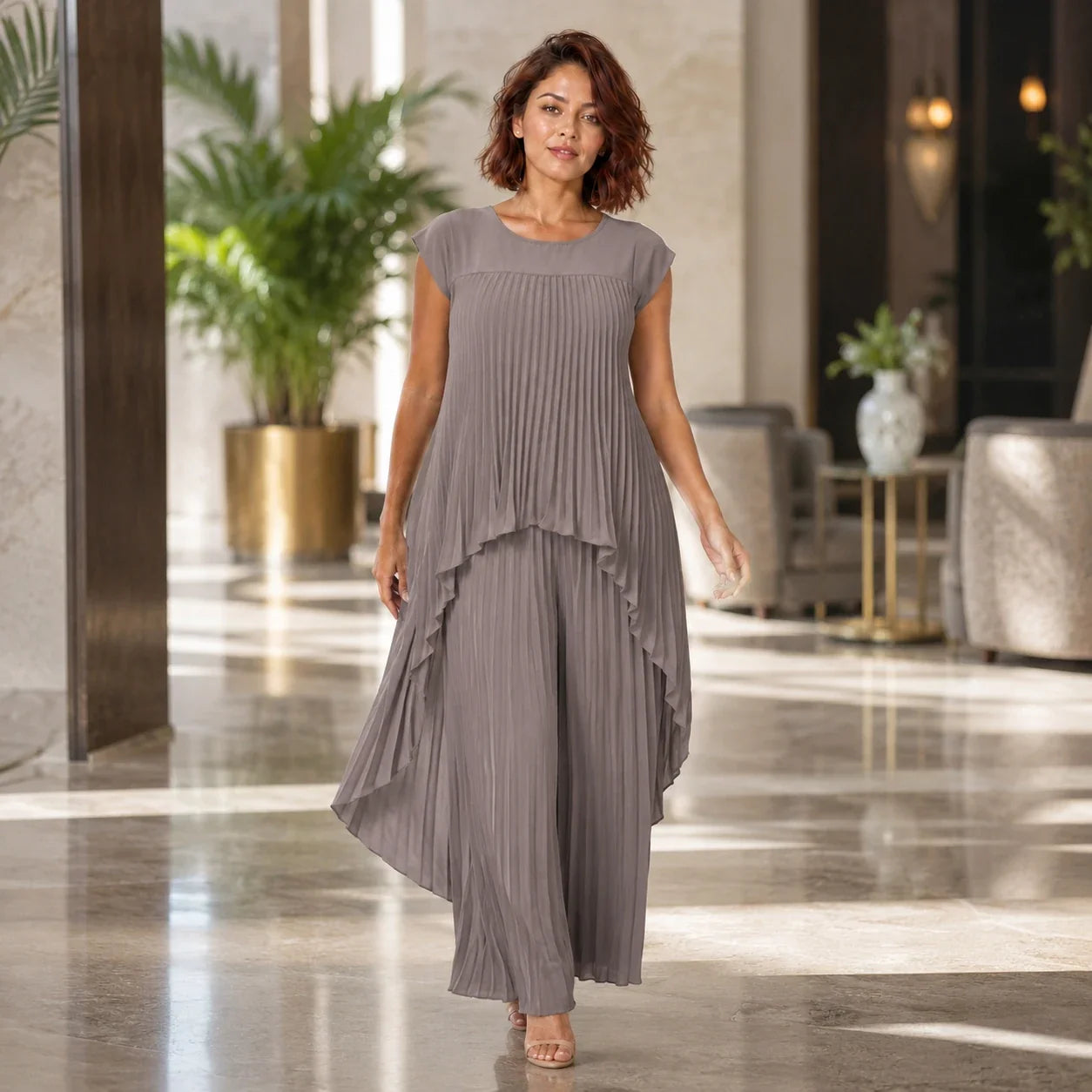 Pleated Overlay Wide Leg Set WHD0606141