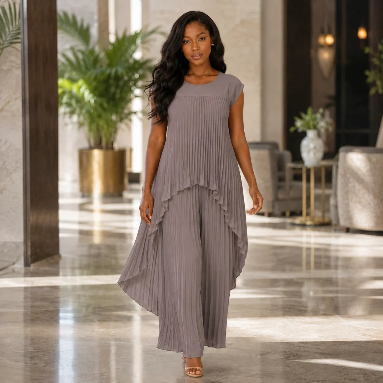 Pleated Overlay Wide Leg Set WHD0606141