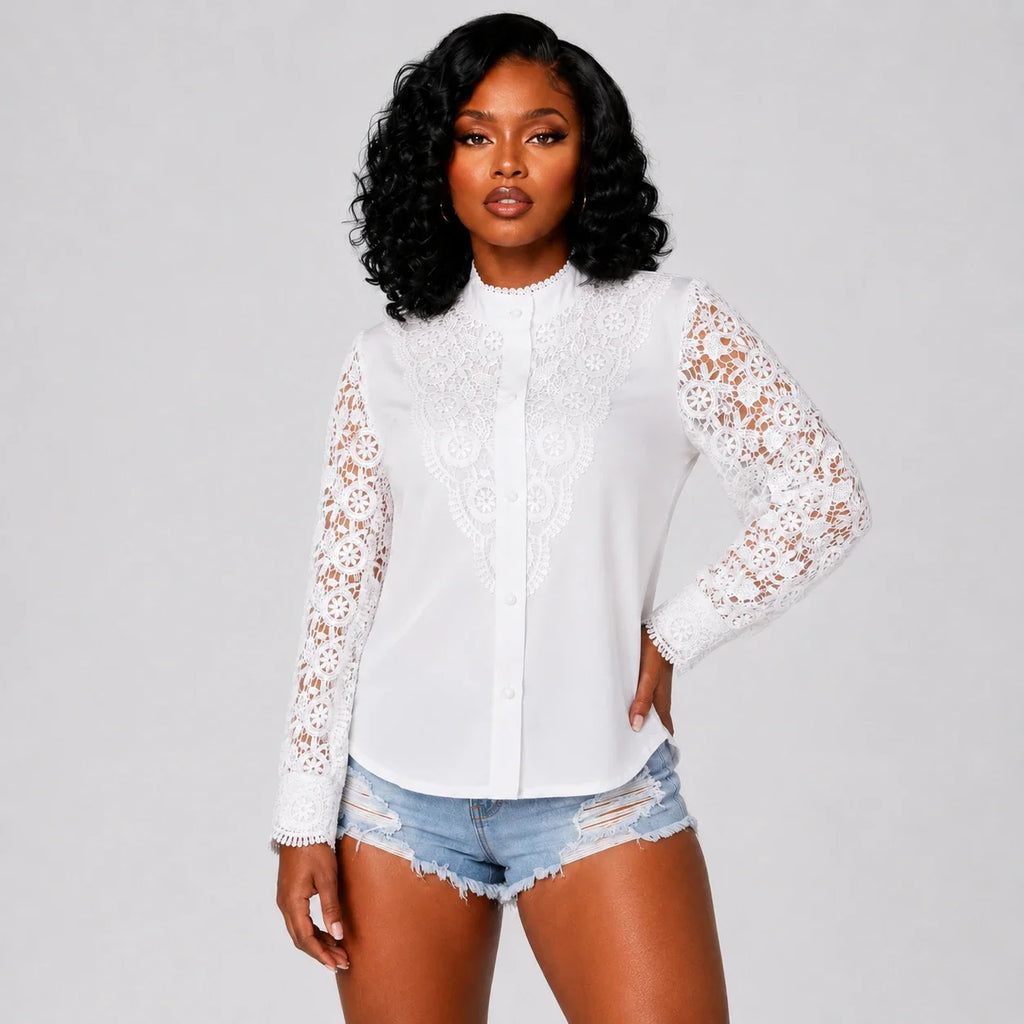 Lace Panel Button Blouse WHD0606142