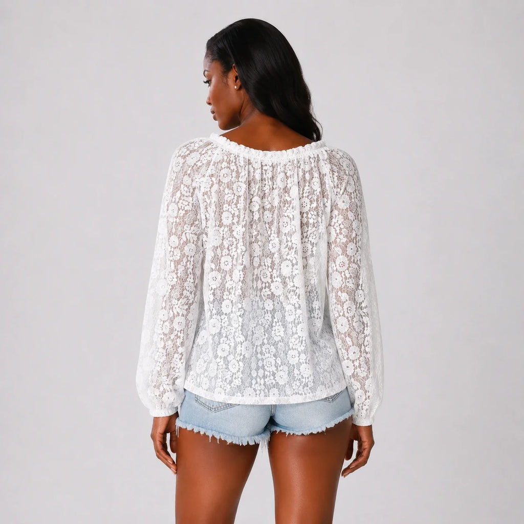 White Lace Tie-Neck Blouse WHD0606143